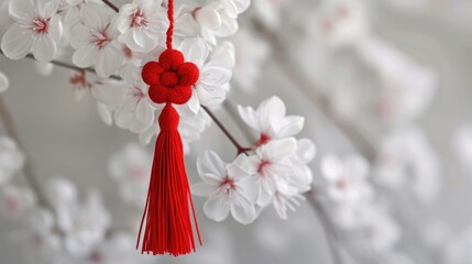 The red tassel Baba Marta symbolizes Martenitsa against the background of blooming cherry. International Martisor Day marks the arrival of spring.