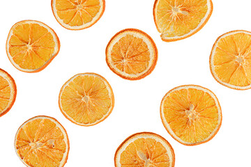 sliced dried oranges on a white isolated background close up