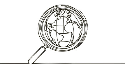 Continuous line drawing of world planet with looking glass search icon