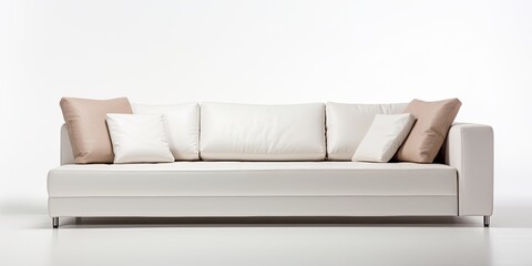 Isolated white sofa, right corner, with low back. Upholstered sofa bed with armrests, cushions, and bolster pillows.