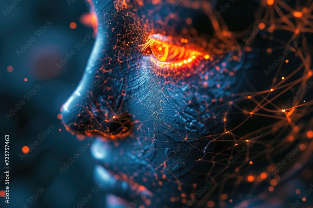 Poster a close-up view of a person's face with glowing eyes. perfect for adding an eerie and mysterious tou
