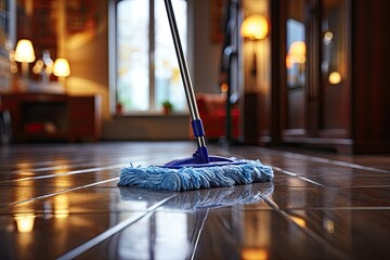 Mop with a cloth on the floor. Cleaning concept. Space for text