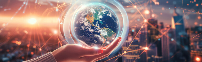 View of a Businessman holding Earth globe on a futuristic interface 3d rendering - obrazy, fototapety, plakaty