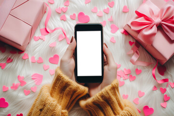 valentine tech, woman holding a phone with white screen to add a custom graphic