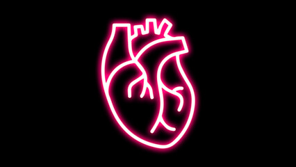 Medical cardiology pictogram. Heart Neon Label. Vector Illustration of Medical Human Health Objects. Medical structure of the neon human heart.