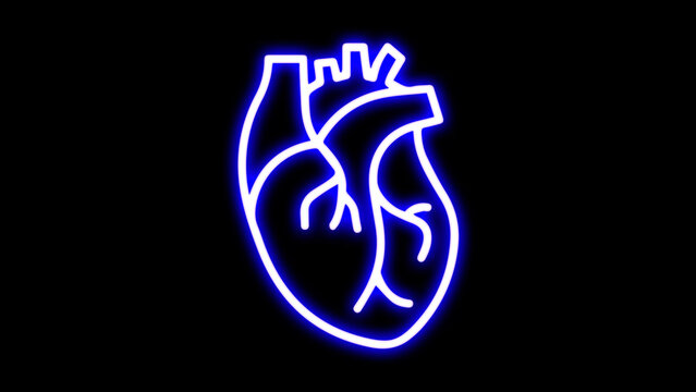 Medical cardiology pictogram. Heart Neon Label. Vector Illustration of Medical Human Health Objects. Medical structure of the neon human heart.