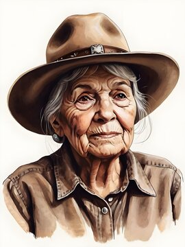 Old woman with cowboy hat. Oil Painting. Generative AI