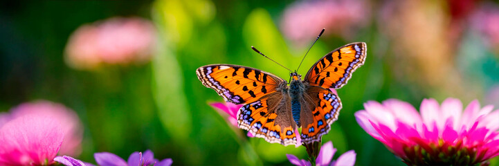 Fototapeta premium a butterfly collects pollen on flowers. Selective focus.