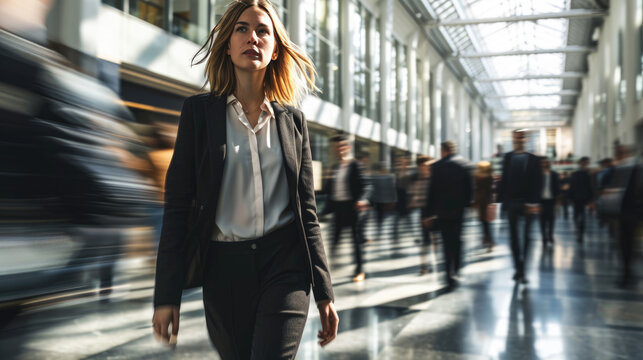 Confident businesswoman walking through a busy transit area, with a motion blur effect that suggests the fast pace of her surroundings. - Powered by Adobe