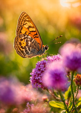 a butterfly collects pollen on flowers. Selective focus.