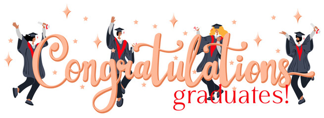 Сongratulations graduates. Handwritten text with dancing graduates holding scrolls of diploma. Template for design party high school or college, graduate invitations or banner. Vector illustration - obrazy, fototapety, plakaty