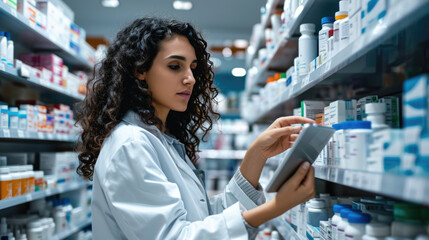 Female pharmacist or healthcare professional taking inventory or reviewing a clipboard in a pharmacy with shelves stocked with various medications.