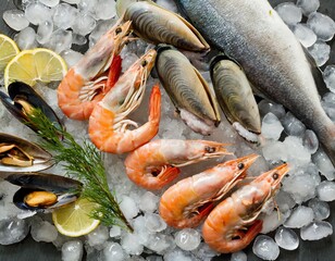 Frischer Fisch, Garnelen und Muscheln auf eis 