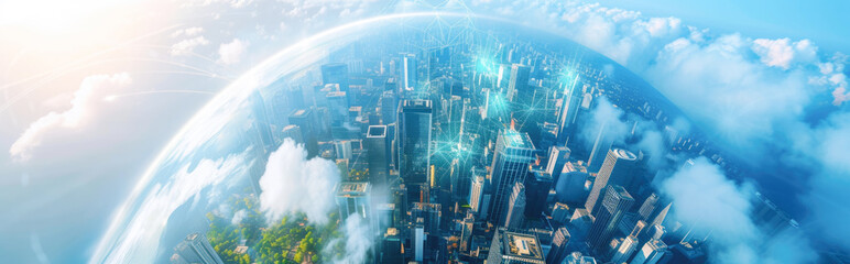 Panoramic aerial view of modern city with skyscrapers and blue sky. 