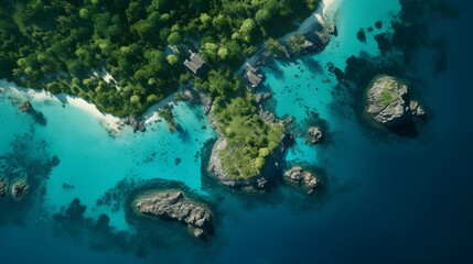 Fototapeta na wymiar A bird's-eye view capturing the tropical beauty of an archipelago, with lush green islands surrounded by clear turquoise waters