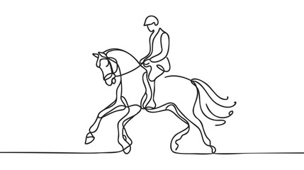 One continuous line drawing of young horse rider man in action. Equine run training at racing track.
