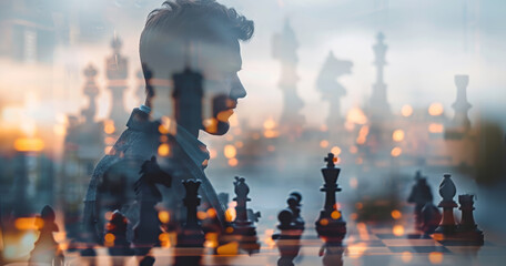 Double exposure of man in suit and at chessboard. Perseverance, success, desire to win.