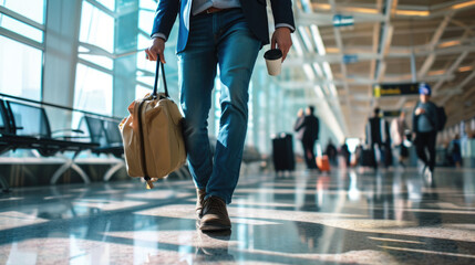 Person walking through an airport terminal, carrying a suitcase and a coffee cup, with other travelers in the background.