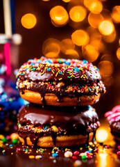 multi-colored donuts with glaze. Selective focus.