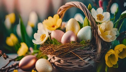 Fototapeta na wymiar holiday Easter basket with beautiful spring flowers and nest with Easter eggs