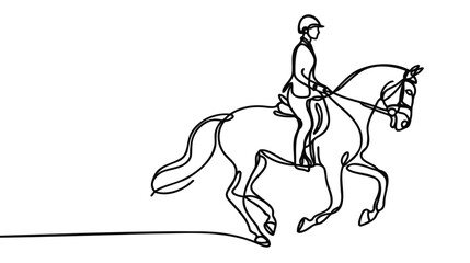 One continuous line drawing of young horse rider woman in action. Equine run training at racing track.