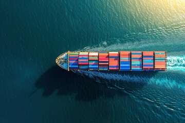 Aerial View of Colorful Cargo Ship on Sparkling Blue Sea - obrazy, fototapety, plakaty