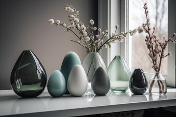 Collection of glass vases of egg shape, Easter symbol. Generative AI