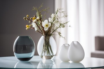 Collection of glass vases of egg shape, Easter symbol. Generative AI