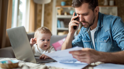 Young man multitasking at home; he is holding a baby with one hand and examining papers with the other while talking on the phone.