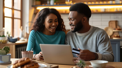 Fototapeta premium Joyful couple engaged in online shopping