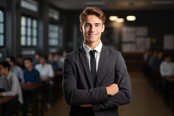 Fototapeta premium portrait of a young smiling student in a black suit at university