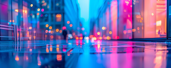 blurred Abstract image of a cityscape bathed in a blue and pink hue with blurred 
lights creating a...
