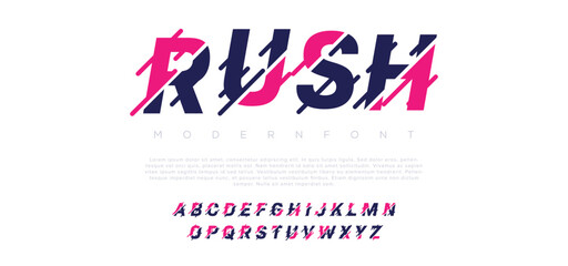 Rush Modern abstract digital alphabet font. Minimal technology typography, Creative urban sport fashion futuristic font and with numbers. vector illustration