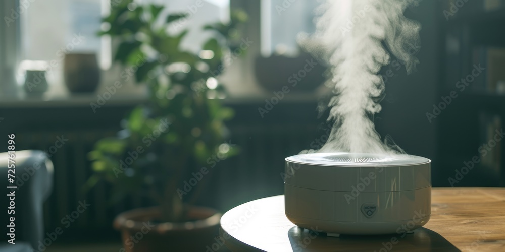 Aufkleber A compact and straightforward description of the image showing a humidifier sitting on top of a table next to a potted plant.