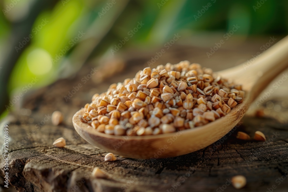 Poster a wooden spoon filled with grains placed on top of a tree stump. this image can be used to depict co