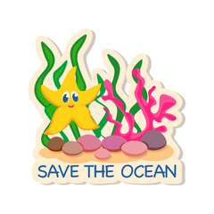 Save the Ocean - vector sticker, rescue and conservation of water resources, symbol saving the environment.