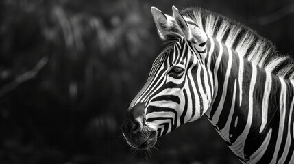 Portrait of zebra named as Grevy on dark background with copy space. Conservation of endangered species and biodiversity.