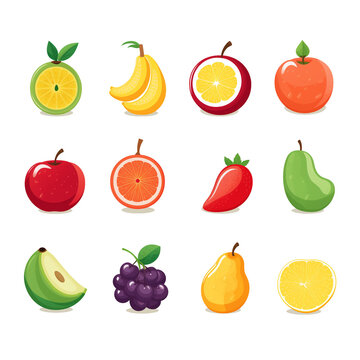 Fruit flat icon set on whote background, no text, Ai generated image