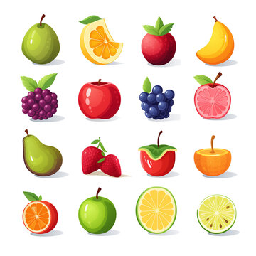 Fruit flat icon set on whote background, no text, Ai generated image