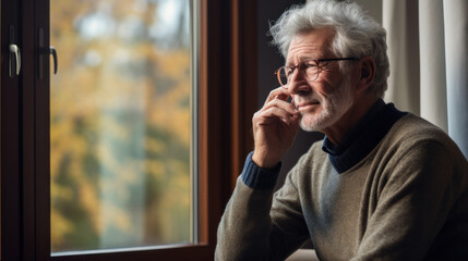 Sad and depressed old man sitting on armchair in living room feeling hurt and lonely. Frustrated senior sitting on sofa at nursing home with head leaning on his hand while looking through the window.