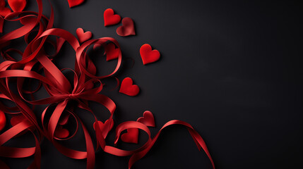 Walentynki 14 lutego - romantyczne ciemne minimalistyczne tło na życzenia. Mockup, szablon z sercem i dekoracjami dla zakochanych. Symbol wyznana uczuć miłości. Kwiaty dla zakochanej kobiety - obrazy, fototapety, plakaty