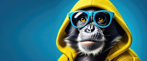 Portrait Ultra Fashionable stylish monkey wearing sunglasses yellow, monkey wearing yellow hooded sweater, looking into camera, on simple blue background. Copy space