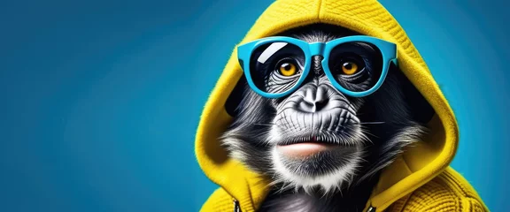 Fototapeten Portrait Ultra Fashionable stylish monkey wearing sunglasses yellow, monkey wearing yellow hooded sweater, looking into camera, on simple blue background. Copy space © Irina