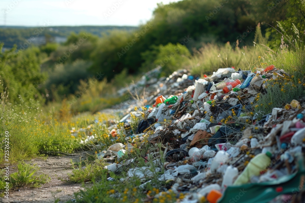 Poster a pile of garbage sitting on top of a dirt road. this image can be used to depict environmental poll