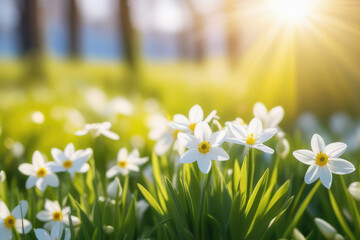 Blooming wild spring or summer white flowers with grass in green field at morning sunlight rays, close-up. Springtime first flower crocus. Beautiful sunny day nature background.