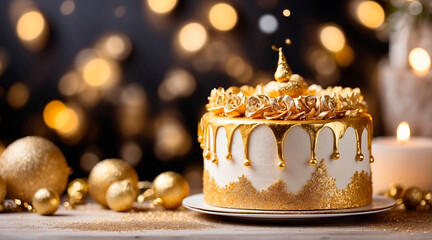 gorgeous golden birthday cake. Selective focus.