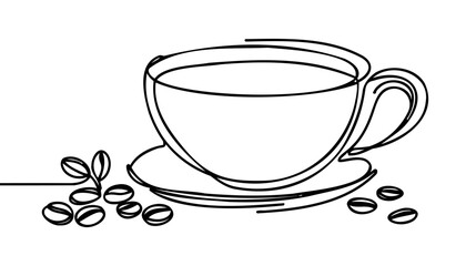 Single continuous line drawing of a cup of coffee drink with coffee beans on ceramic coaster and table.