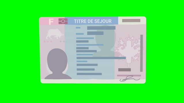 Appearance of a residence permit (titre de séjour in french), permanent resident card in France, from left to right on a green background, with transparency, alpha channel with mask (flat design)