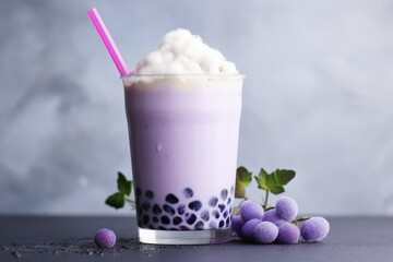 taro milk tea. purple bubble milk tea. ice Gummy cold drink. Bubble Boba Latte grape tea sorbet fruit ice. cooling drink - obrazy, fototapety, plakaty