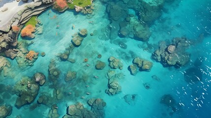 A bird's-eye view showcasing the vibrant hues of a coral atoll surrounded by turquoise waters, forming an aquatic paradise